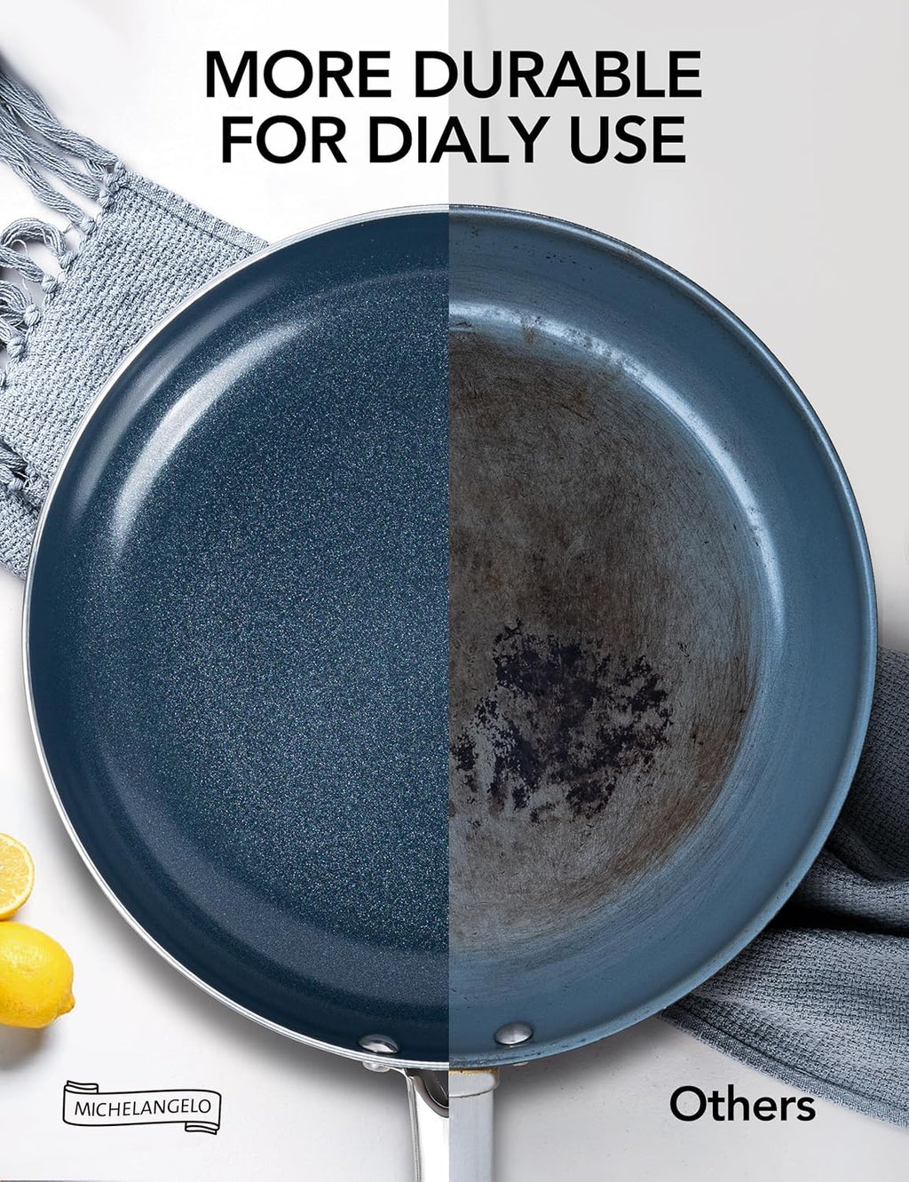MICHELANGELO 8-Inch Nonstick Frying Pan - Non-Toxic Omelette Pan with Lid & Stainless Handle | Blue-Ceramic