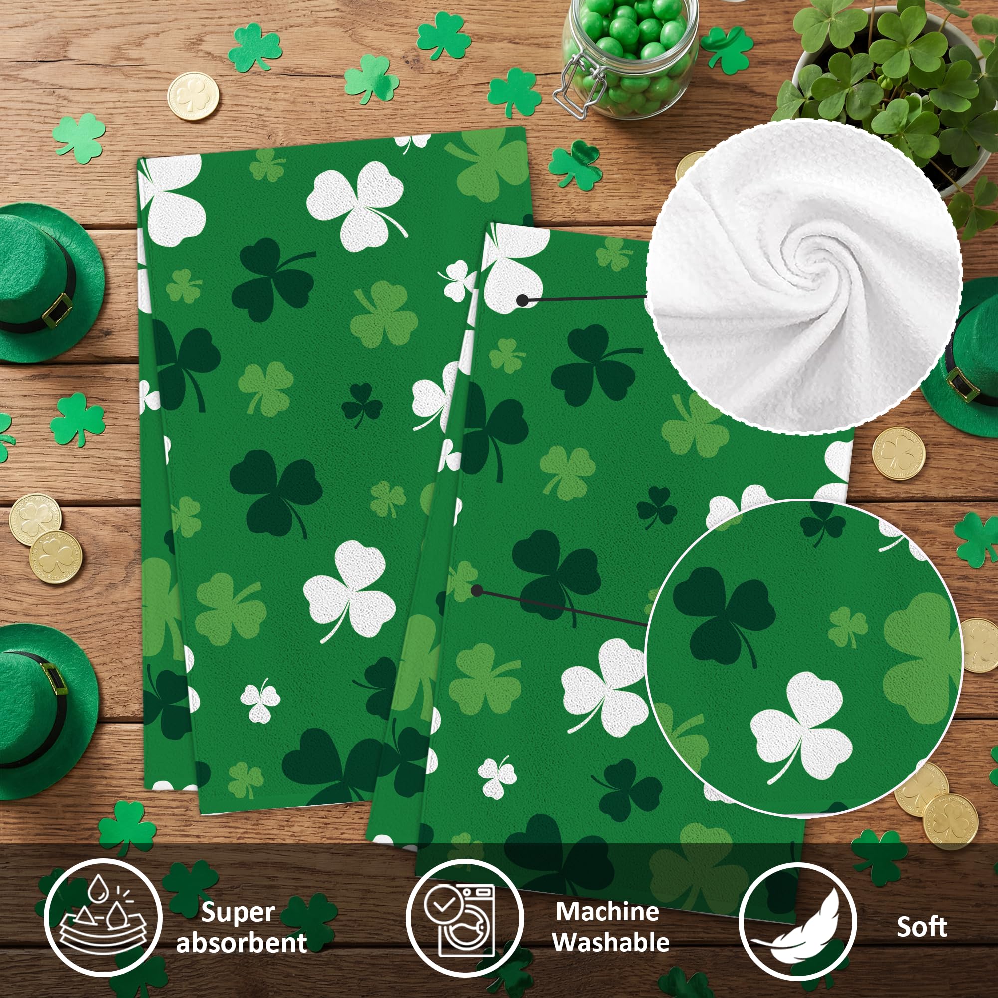 FUTBU St. Patrick's Kitchen Towels, Green Clover Shamrock Dish Towels Set of 2 for Bathroom Decorations, 18x26 Inch Farmhouse Holiday Spring Decoration