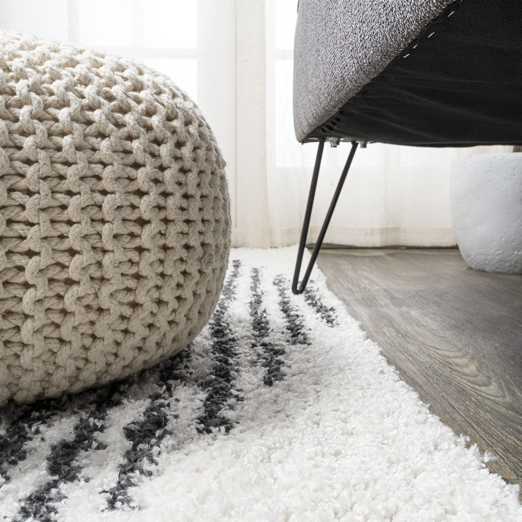 JONATHAN Y Elm Diamond Stripe Shag White/Gray Runner Rug, 2x8, Geometric, Bohemian, Contemporary, Easy-Cleaning for Living Room, Bedroom, Kitchen, Pet Friendly, Non-Shedding (MOH408A-28)