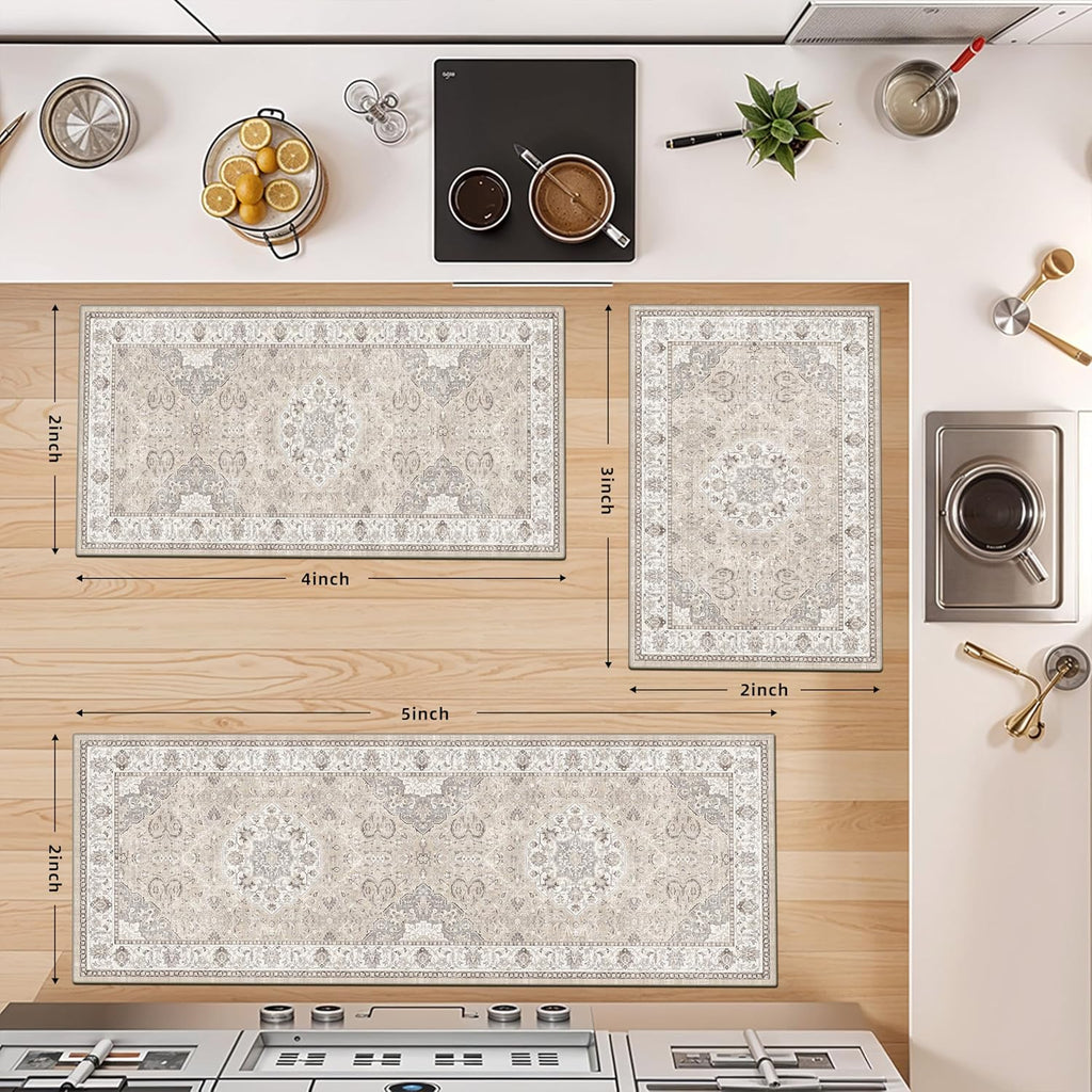 Skiennix Kitchen Rug Set - Washable Water-Resistant Soft Mats with Non-Slip Backing | Beige, 4-Piece Collection
