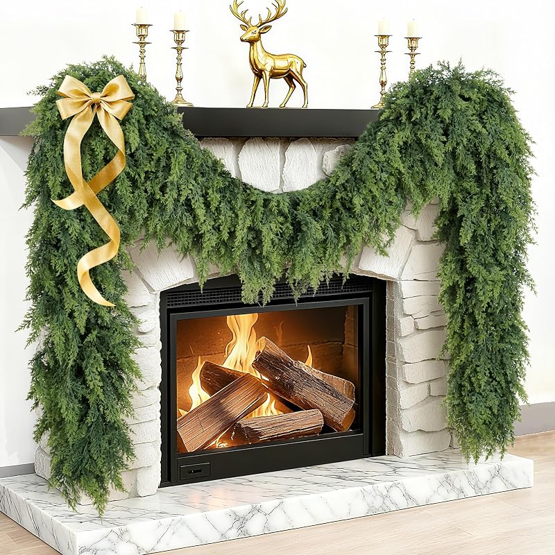 Christmas Cedar Garland 6ft Real Touch Upgrade Large Branches - Lush Faux Pine for Mantle & Holiday Decor (Variation: Christmas Green+1+6ft)