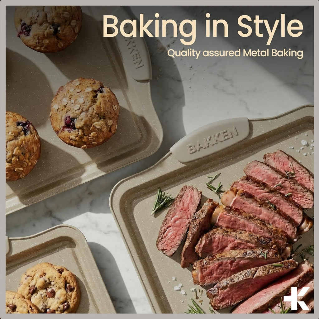 BAKKEN Nonstick Carbon Steel Baking Pans Set - 10-Piece Bakeware with White Silicone Handles, Oven Safe to 450°F
