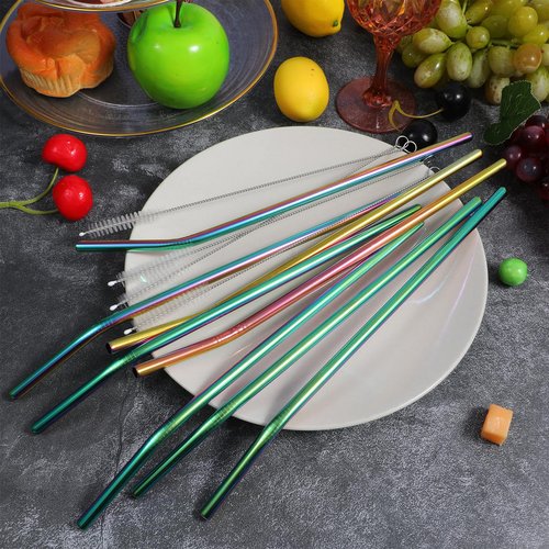 8 Pcs Reusable Long Metal Straws for 40 oz Tumbler 12 inch Colorful Reusable Metal Straws with Cleaning Brush Stainless Steel Straws Long Reusable Colorful Bent Straw with 4 Pieces Cleaning Brush