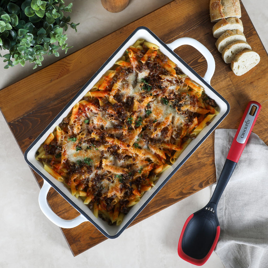 Crock-Pot Artisan 13" Enameled Cast Iron Lasagna Pan – Matte Linen White, Durable Oven Safe Bakeware