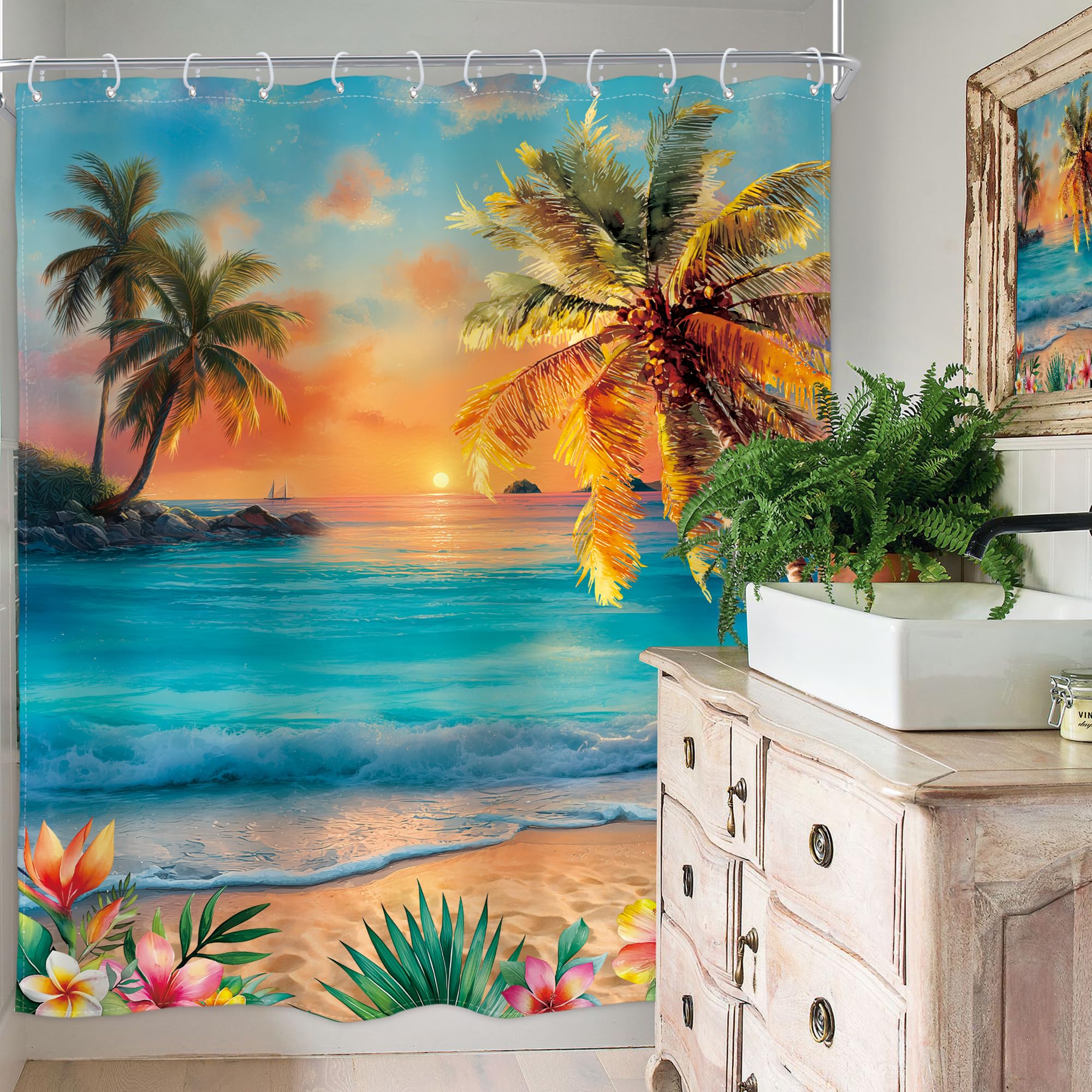 Homewelle Beach Ocean Shower Curtain Hawaii Seaside Sunset Coastal Tropical Palm Tree Flower Plant Landscape Summer Scenery Nature 60Wx72H Inch Sea Wave Waterproof Polyester Fabric Bathroom Bathtub