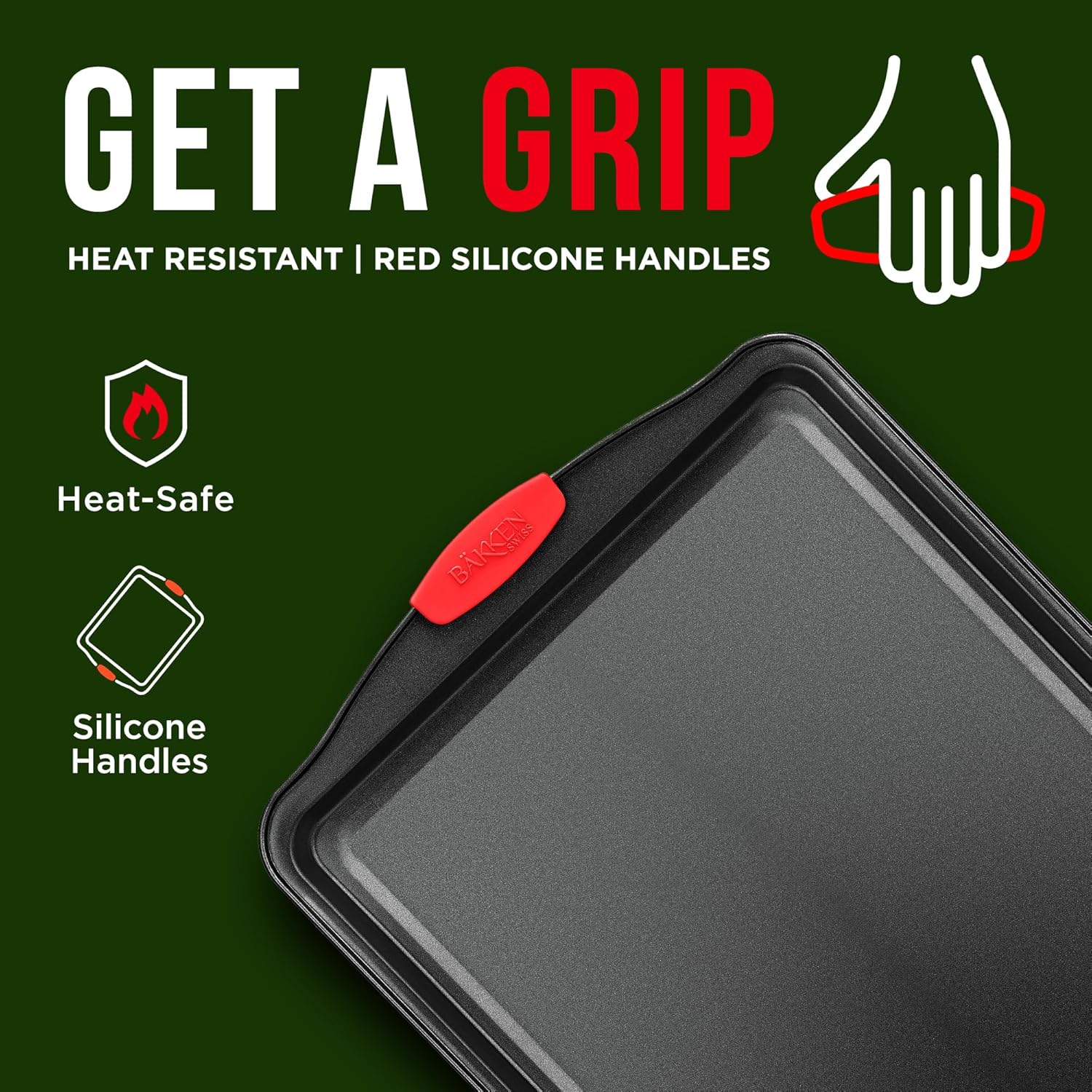 Skiennix Nonstick Carbon Steel Bakeware Set - Professional Quality Kitchen Trays | PFOA-Free, Red Silicone Handles