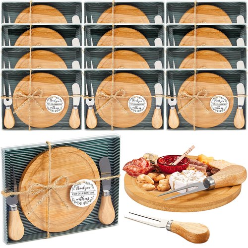Maxcheck 12 Sets Baby Shower Bridal Game Prizes for Winners Round Cheese Board Set Wood Mini Charcuterie Board with Knives and Forks Thank You Card with Gift Box for Guests Wedding (Bamboo)