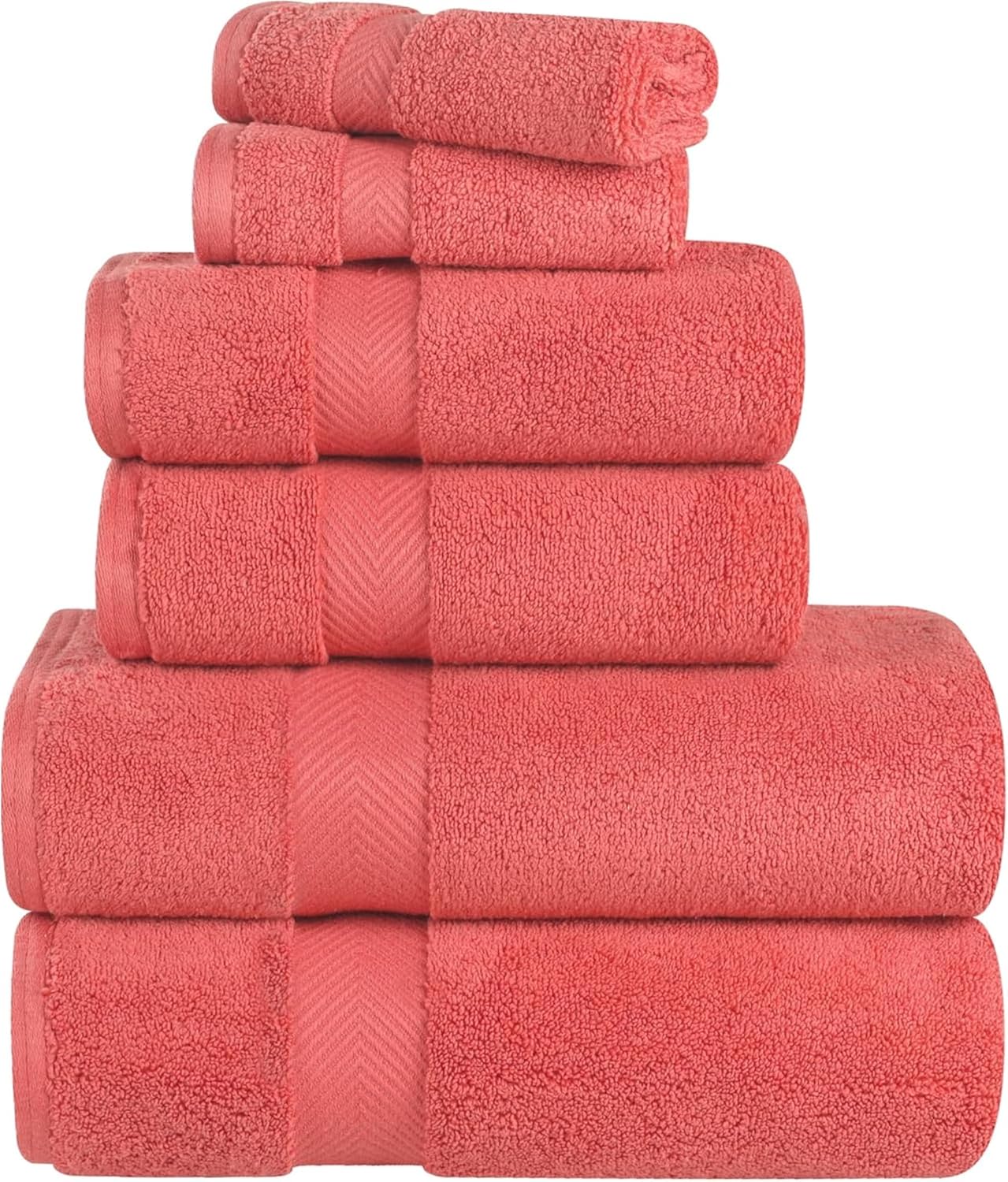 Superior Zero Twist 100% Cotton Towels - Ultra Soft & Absorbent 6-Piece Set in Coral | Includes 2 Washcloths, 2 Hand Towels, 2 Bath Towels