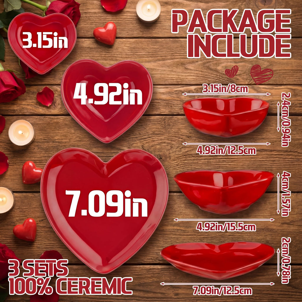 Suclain Valentines Day Red Heart Shaped Ceramic Plate Set of 3 Heart Dinner Dishes 3.15″ 4.92″ 7.09″ Platter for Dish Dessert Salad Bowl for Valentine‘S Day Party Supply Microwave Dishwasher Safe