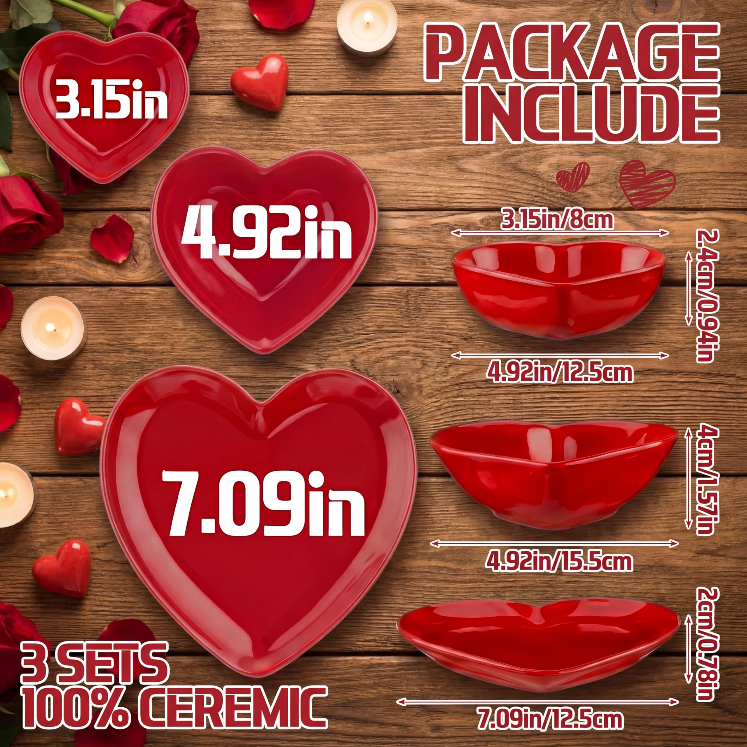 Suclain Valentines Day Red Heart Shaped Ceramic Plate Set of 3 Heart Dinner Dishes 3.15″ 4.92″ 7.09″ Platter for Dish Dessert Salad Bowl for Valentine‘S Day Party Supply Microwave Dishwasher Safe
