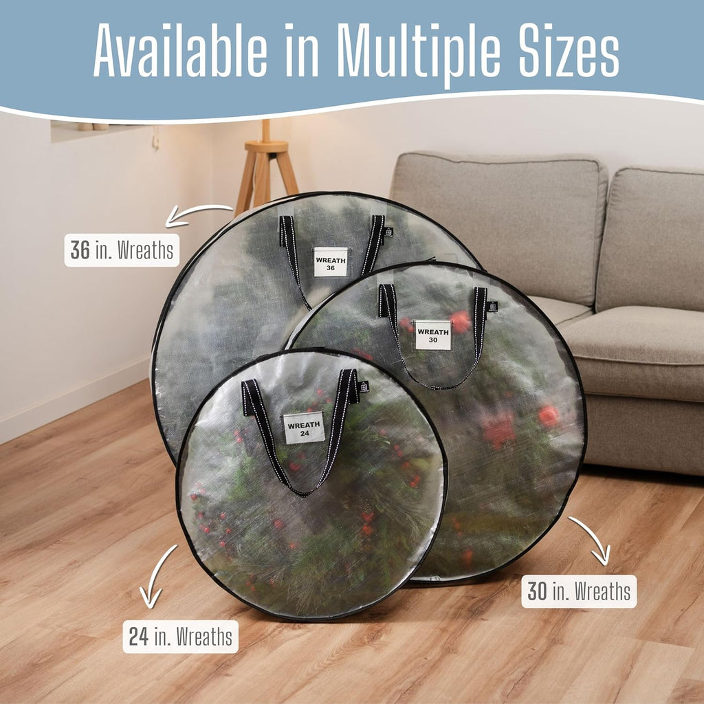 VENO Wreath Storage Container - Heavy Duty 30 Inch Clear Bag with Wall Hanging Handles | 4 Pack