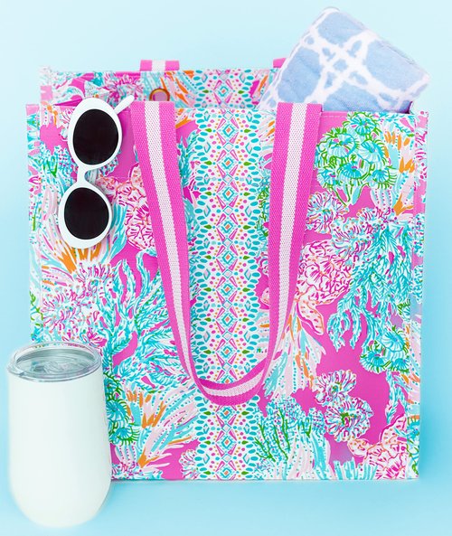 Lilly Pulitzer Pink Market Shopper Bag, Reusable Grocery Tote, Shoulder Bag for Produce or Travel, Seaing Things
