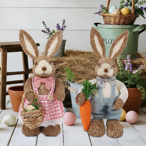 DR.DUDU Easter Decorations - Set of 2 14" Sisal Bunny Figurines with Carrot & Egg for Spring Home Decor