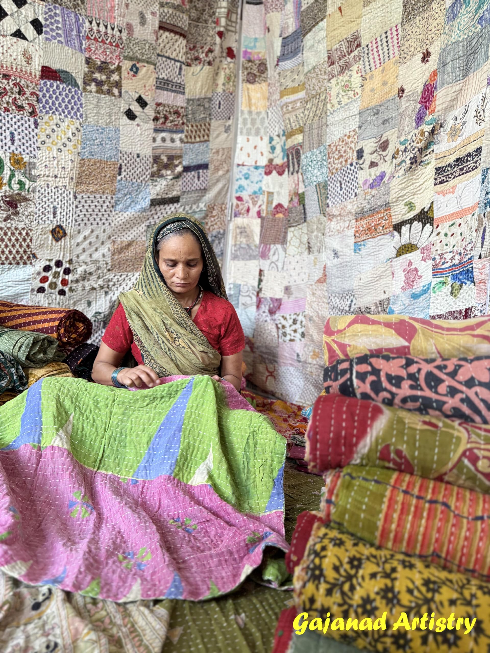 Gajanad Artistry 5 Piece Handmade Indian Vintage Kantha Quilts Reversible Bohemian Home Decor Blanket – Assorted Color Twin Size 85X55 Inches