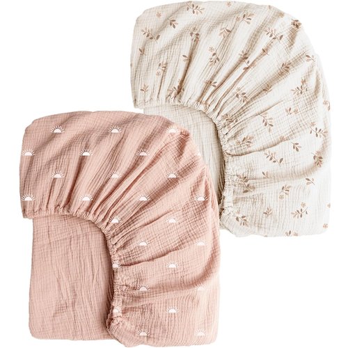 Konssy Muslin Crib Sheets - Soft & Breathable Cotton Baby Sheets | 2 PCS for Standard Crib Mattress, 52"x28" (Pink Sun & Khaki Leaf)