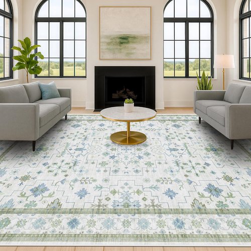 Green Area Rugs 9x12 by [Brand Name] - Washable Oriental Geometric Design | Extra Large Non-Slip Soft Faux Wool Carpet for Living Room, Bedroom, Dining Room
