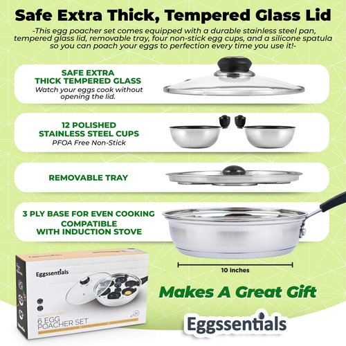Eggssentials Poached Egg Maker Stainless Steel Egg Poacher Pan Food Grade Safe PFOA Free with Spatula