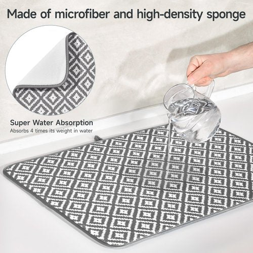 Subekyu 2 Pack Dish Drying Mat, 24*18 inch Ultra Absorbent Microfiber Dishes Drainer Mats for Kitchen Counter, Large Size Dish Drying Pad with Rhombus patterns