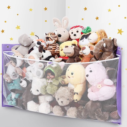 ANROYE Large Corner Stuffed Animal Storage, Kids Plushies Toy Purple Wall Hammock for Girls Room, Baby Squishmallow Holder for Nursery, Organizer Idea for Bear Hanging Display Boy Gift