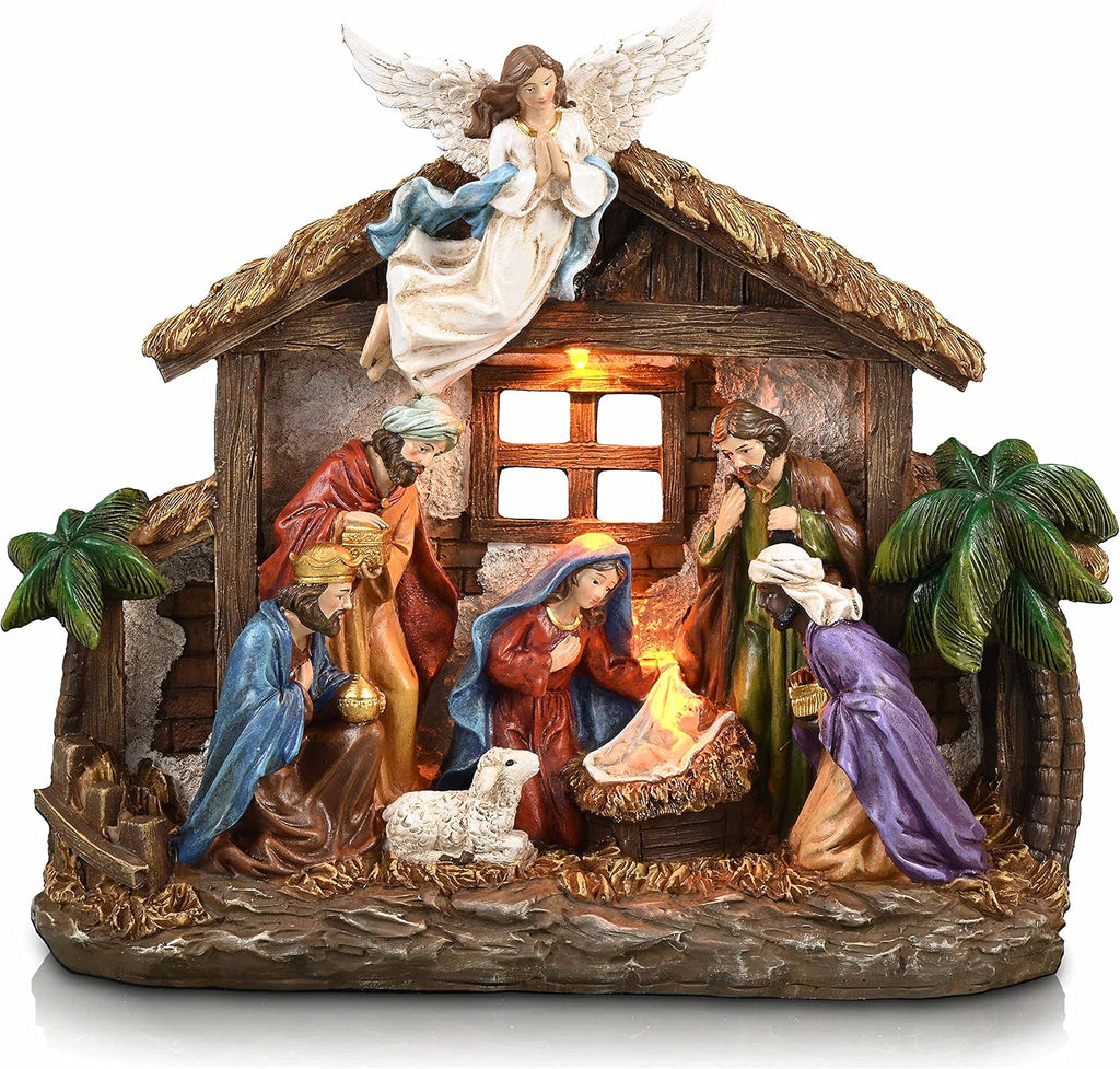 Valery Madelyn Christmas Nativity Figurines - LED Lights Holy Family Set | 10.6 Inch Resin Manger for Holiday Decor
