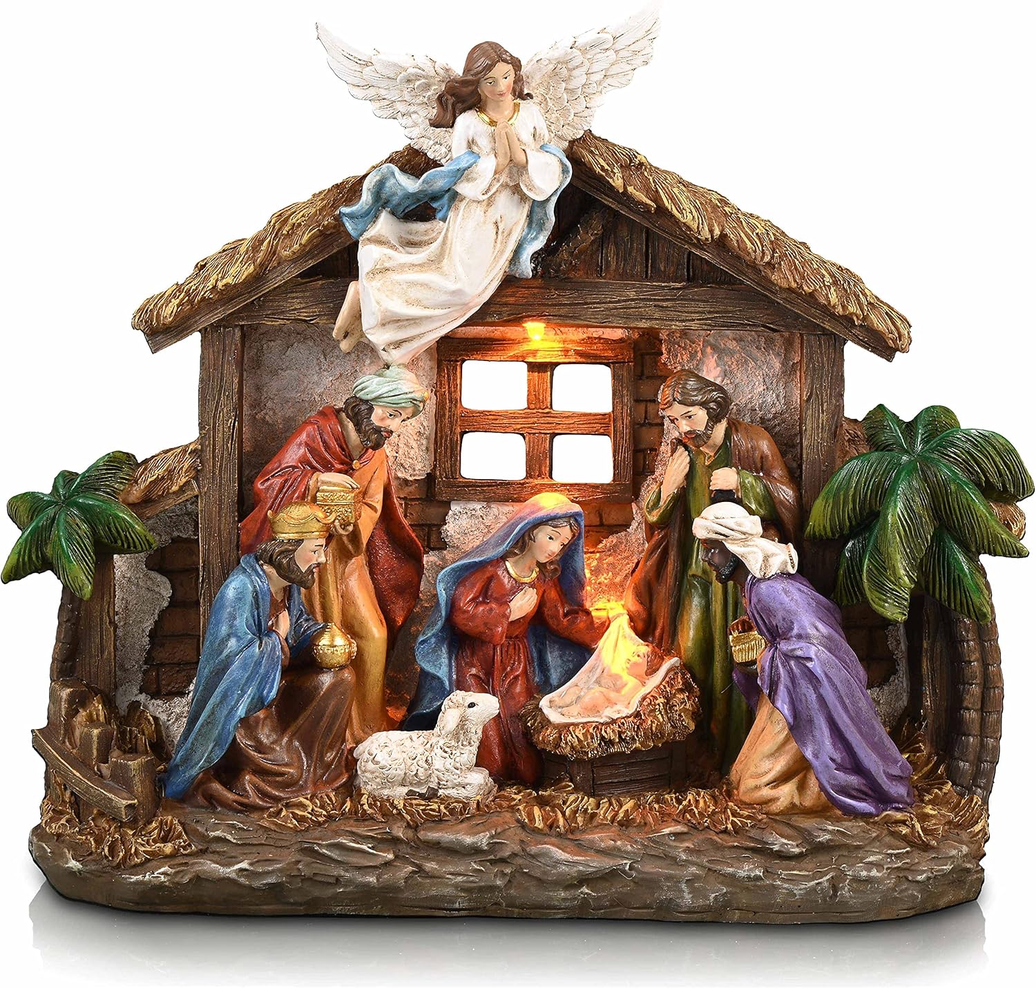 Valery Madelyn Christmas Nativity Figurines - LED Lights Holy Family Set | 10.6 Inch Resin Manger for Holiday Decor