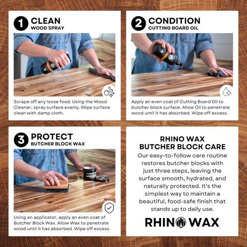 Rhino Wax Butcher Block Ultimate Care Kit - Includes Cutting Board Oil, Wax, Wood Spray Cleaner, Bench Scraper, LG Applicator, 3 Cloths - for Butcher Block Countertops and Large Cutting Boards