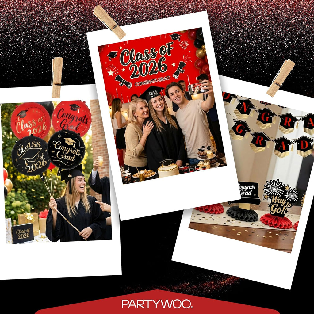 PartyWoo Graduation Decorations - Class of 2026 Supplies Set with Red Backdrop & Balloons | 40pcs