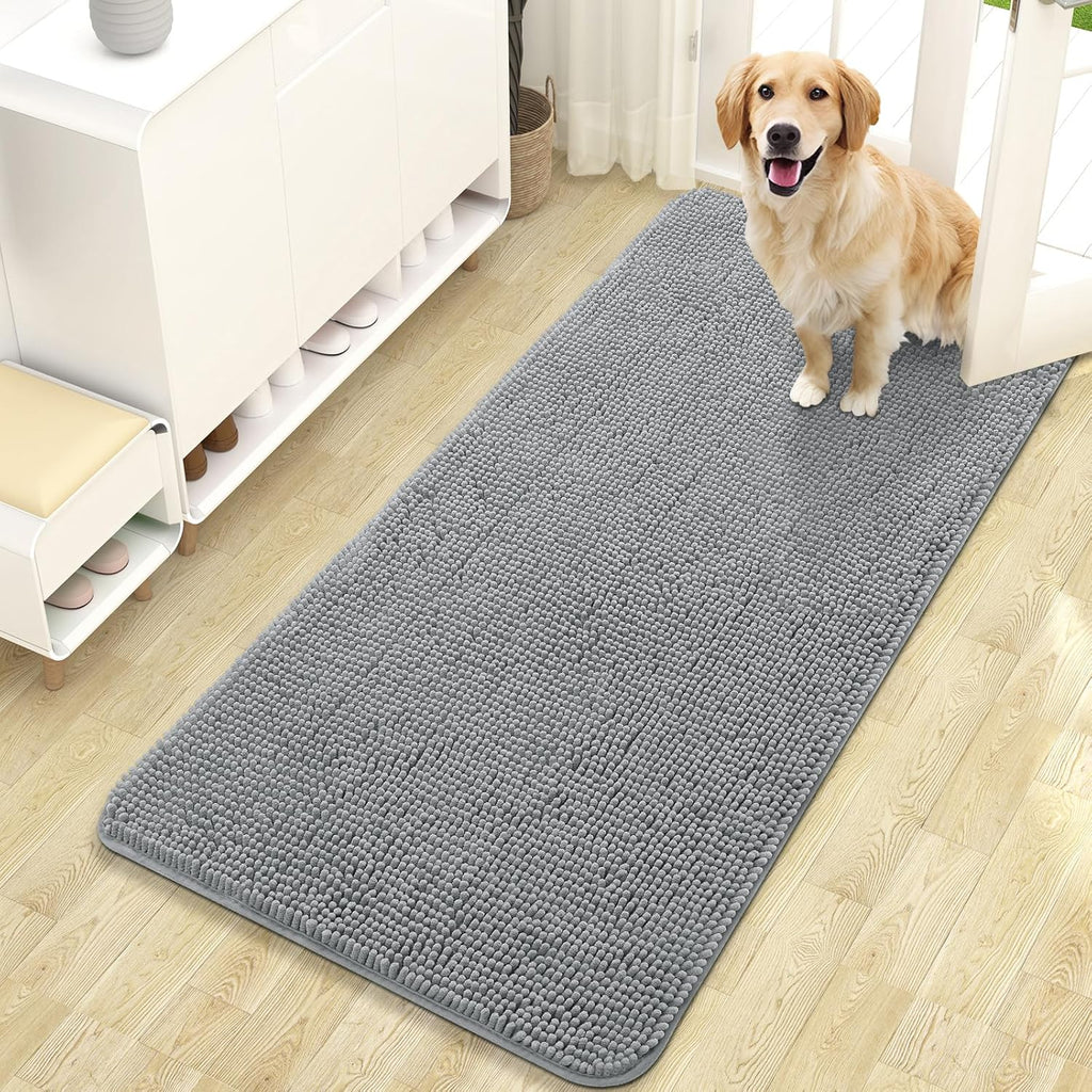 OLANLY Dog Door Mat - Absorbent Non-Slip Chenille Mat for Muddy Paws | 47x24 Inches, Grey