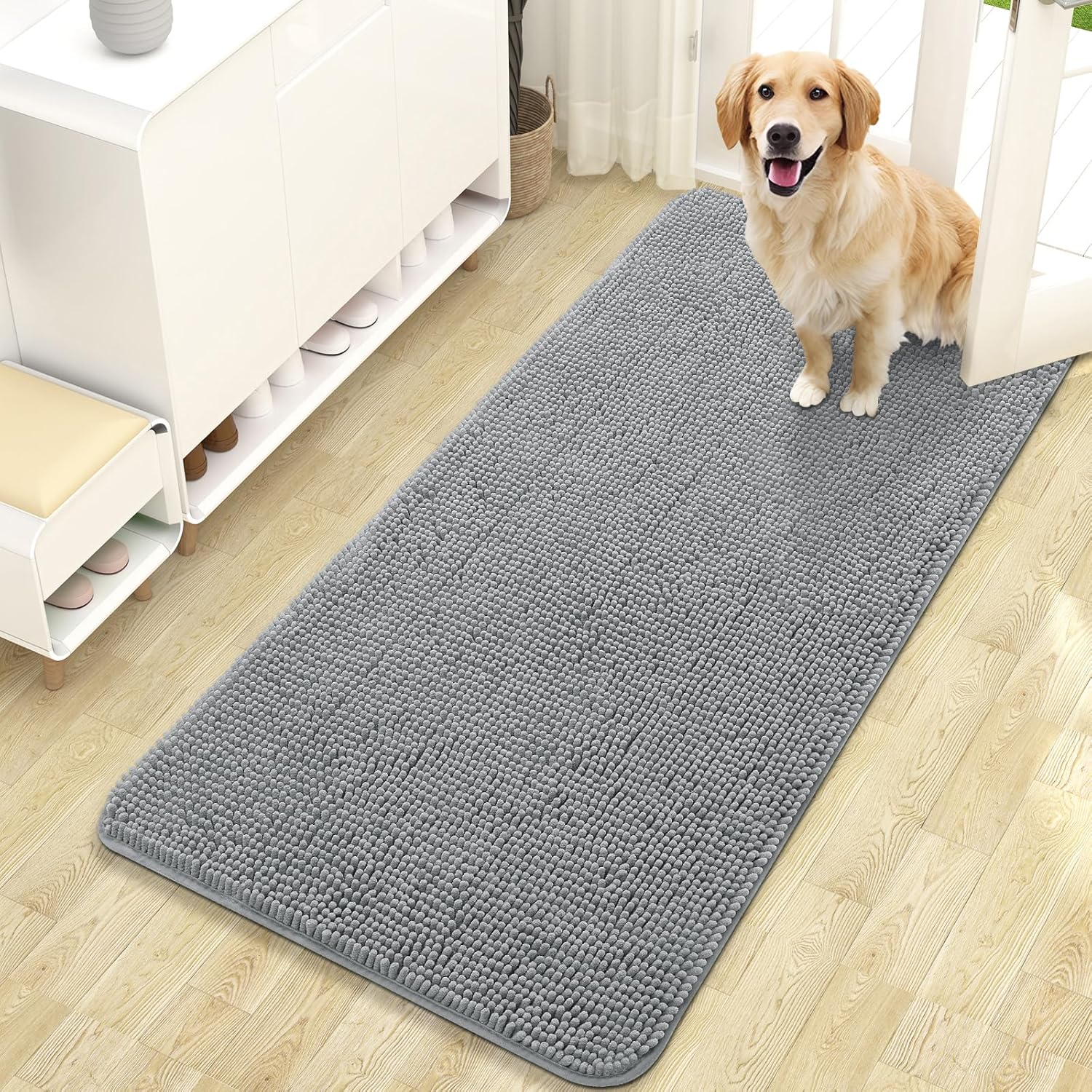 OLANLY Dog Door Mat - Absorbent Non-Slip Chenille Mat for Muddy Paws | 47x24 Inches, Grey