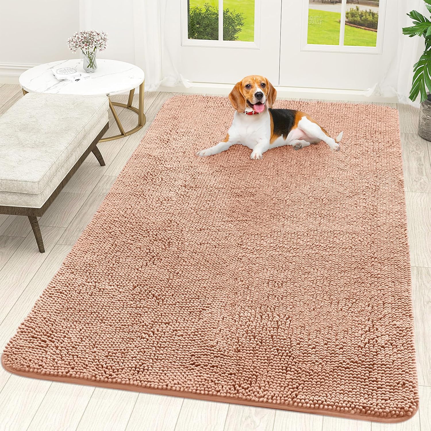 OLANLY Dog Door Mat - Absorbent Non-Slip Chenille Mat for Muddy Paws | 70x46, Quick Dry, Peach