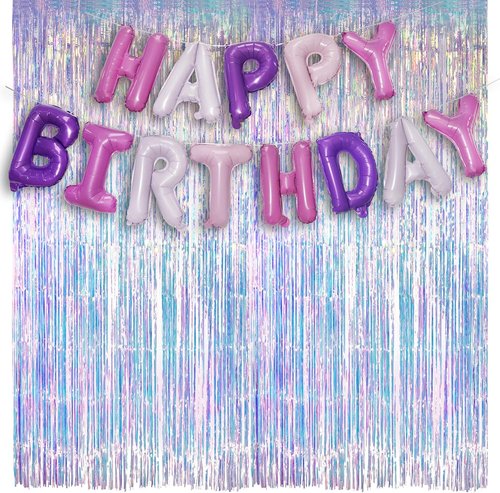 GREATRIL Iridescent Party Streamers Backdrop - Purple & Pink Banner for Stunning Party Decor