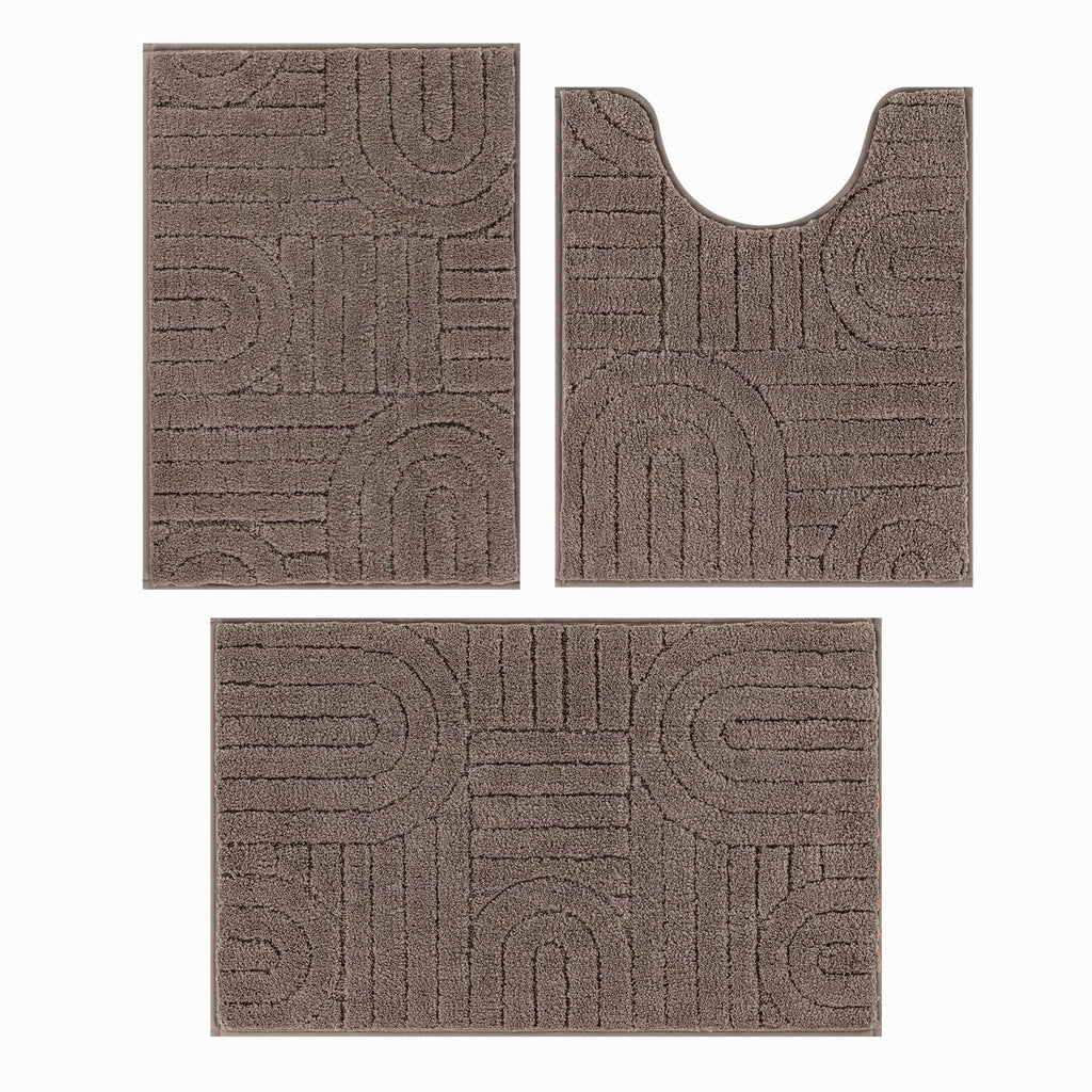 Vaukki Bathroom Rugs Sets 3 Piece, Brown Washable Non Slip Soft Bath Mats for Shower and Tub, Plush Absorbent Microfiber Toilet Rug U Shaped, 32x20+26x18+24x20 Inch