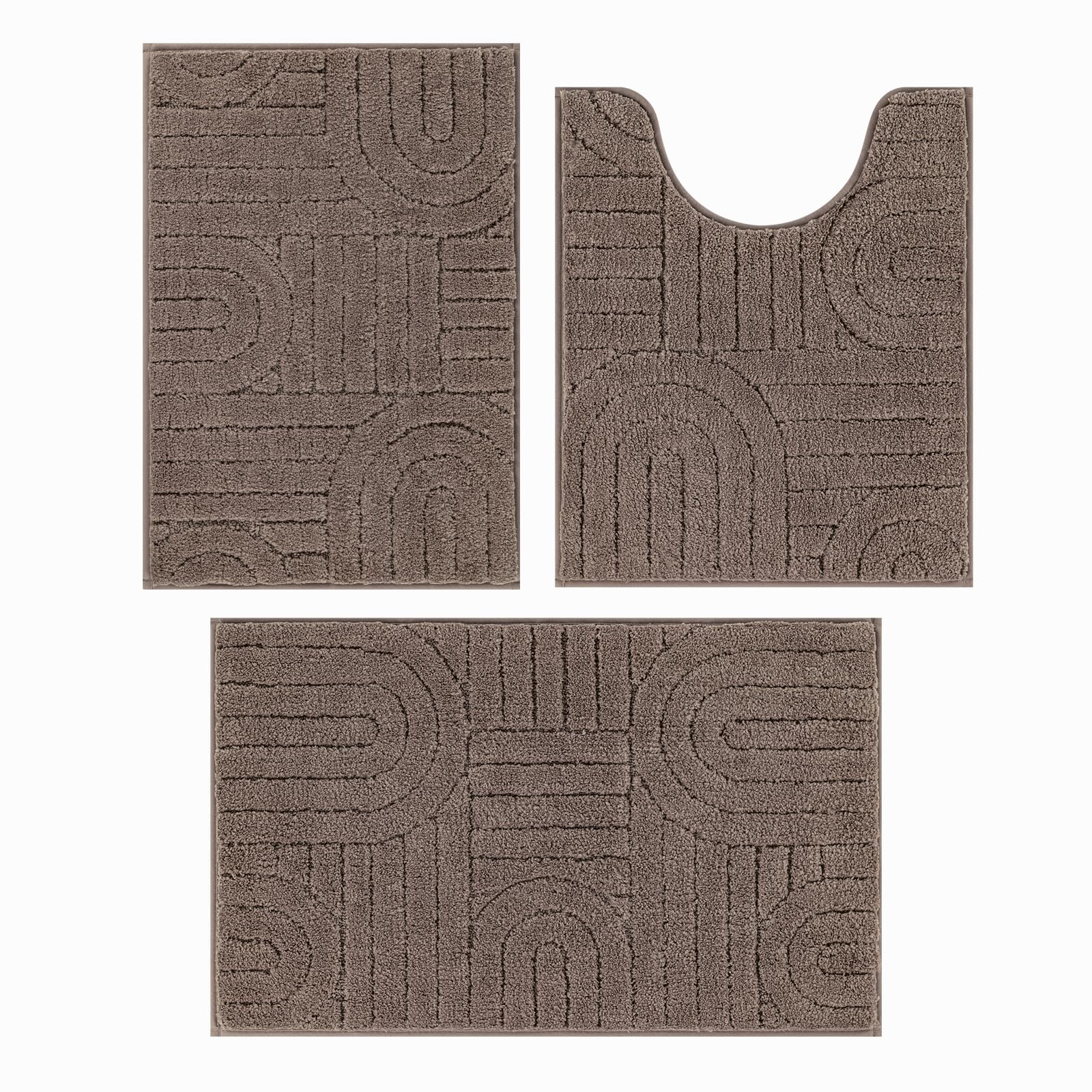 Vaukki Bathroom Rugs Sets 3 Piece, Brown Washable Non Slip Soft Bath Mats for Shower and Tub, Plush Absorbent Microfiber Toilet Rug U Shaped, 32x20+26x18+24x20 Inch
