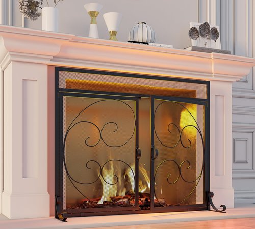 Fire Beauty Fireplace Screen with Magnetic Doors,Handcrafted Wrought Iron Classical Scroll Durable Metal Mesh, Decorative Free Standing Fireplace Spark Guard- Black