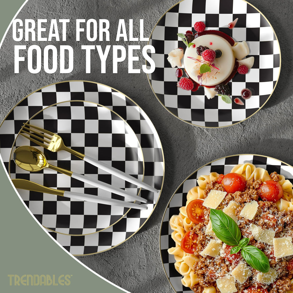 Trendables Heavy Duty Paper Plates Bulk 40 Pcs Disposable Party Plates - 20 X 8 Inch Dessert Plate & 20 X 10 Inch Paper Plate Checkered decor, black and white party decorations, race car decorations