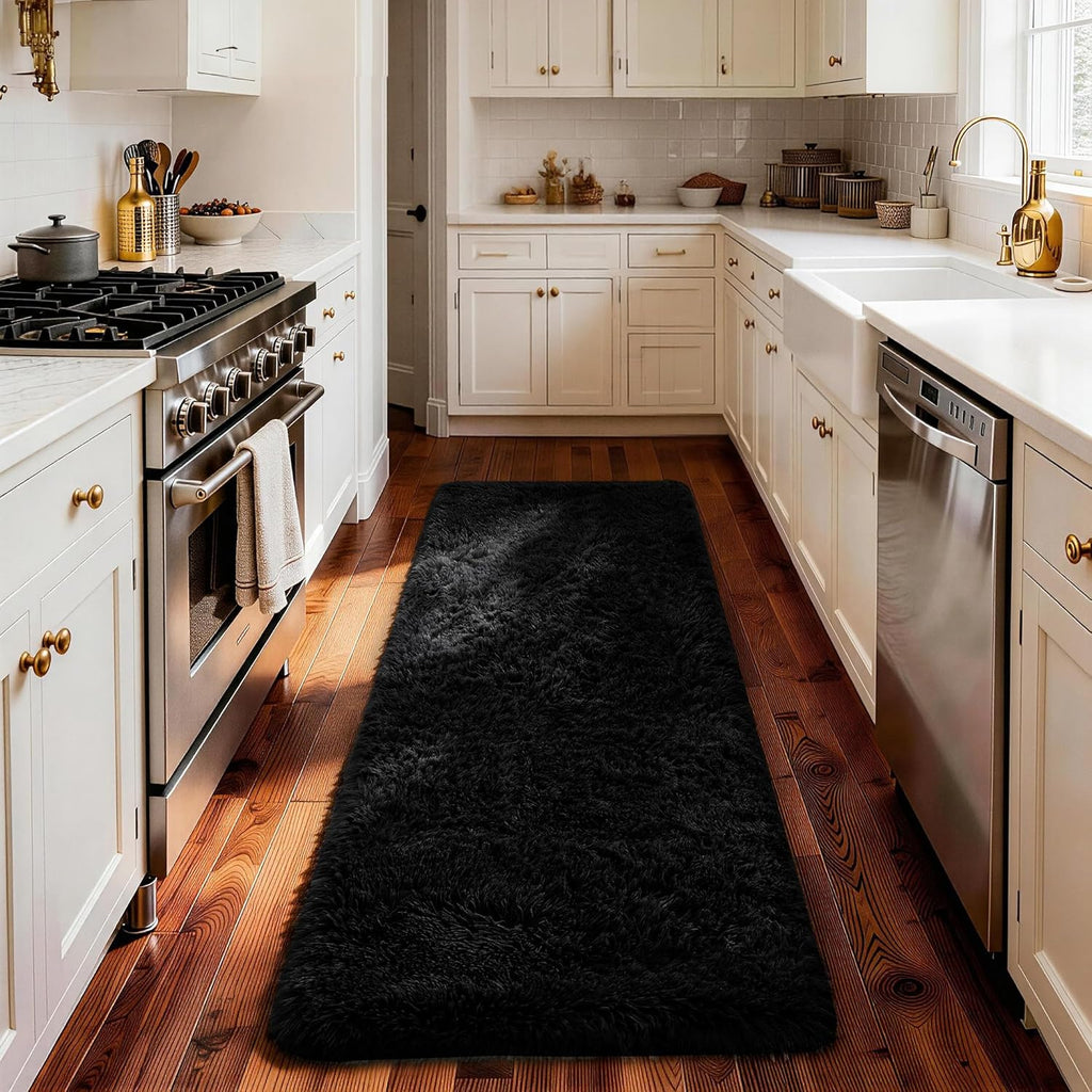 Ophanie Runner Rug - Non-Slip Fluffy Soft Shaggy Hallway Carpet | 2x6 Black Design for Kids & Home Decor