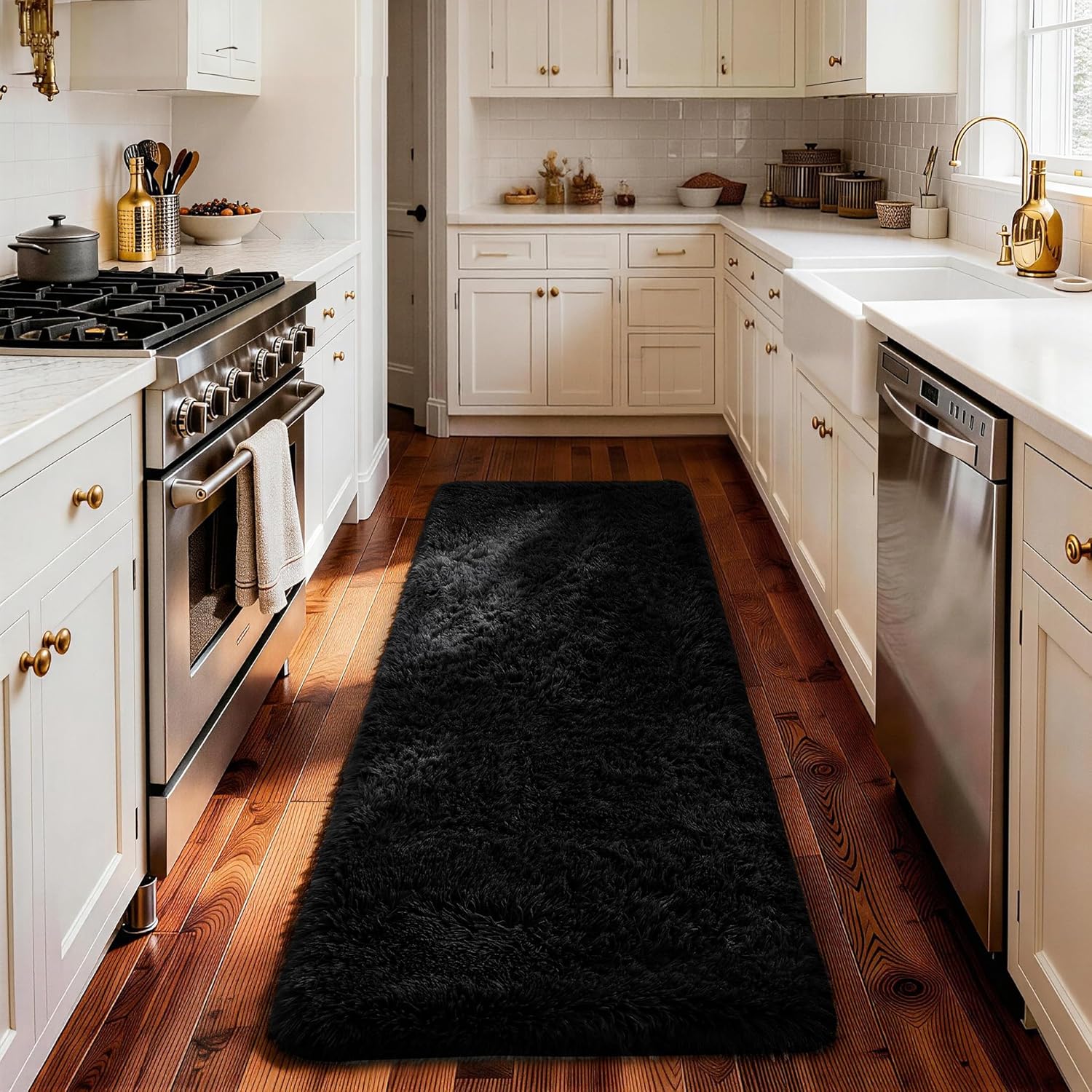 Ophanie Runner Rug - Non-Slip Fluffy Soft Shaggy Hallway Carpet | 2x6 Black Design for Kids & Home Decor