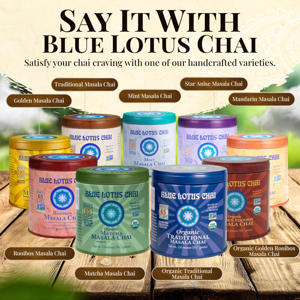 Blue Lotus Chai Tea - Fully Organic Traditional Masala Chai - Makes 65 Cups - 2 Ounce Masala Spiced Chai Powder with Organic Spices - Instant Indian Tea No Steeping - No Gluten
