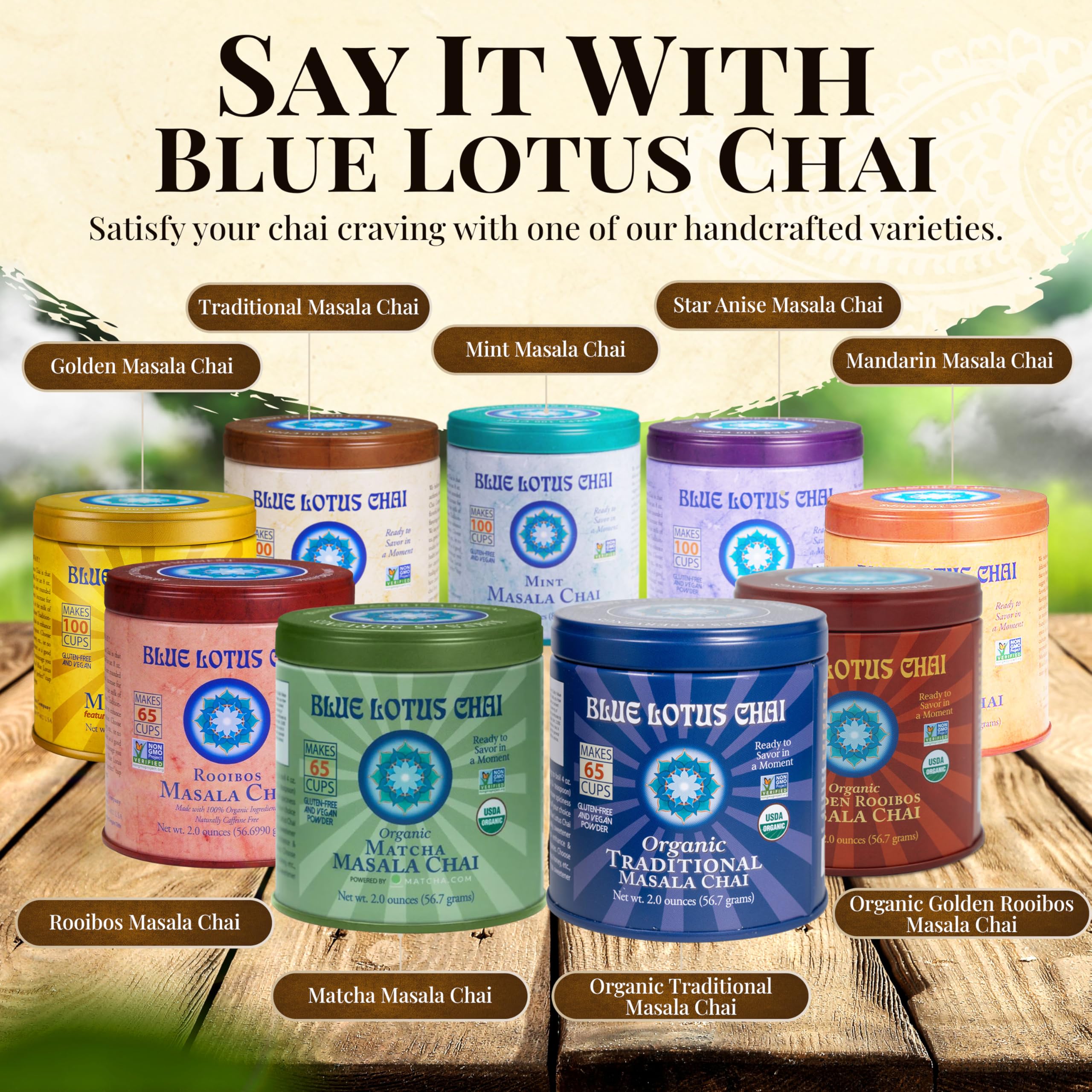 Blue Lotus Chai Tea - Fully Organic Traditional Masala Chai - Makes 65 Cups - 2 Ounce Masala Spiced Chai Powder with Organic Spices - Instant Indian Tea No Steeping - No Gluten