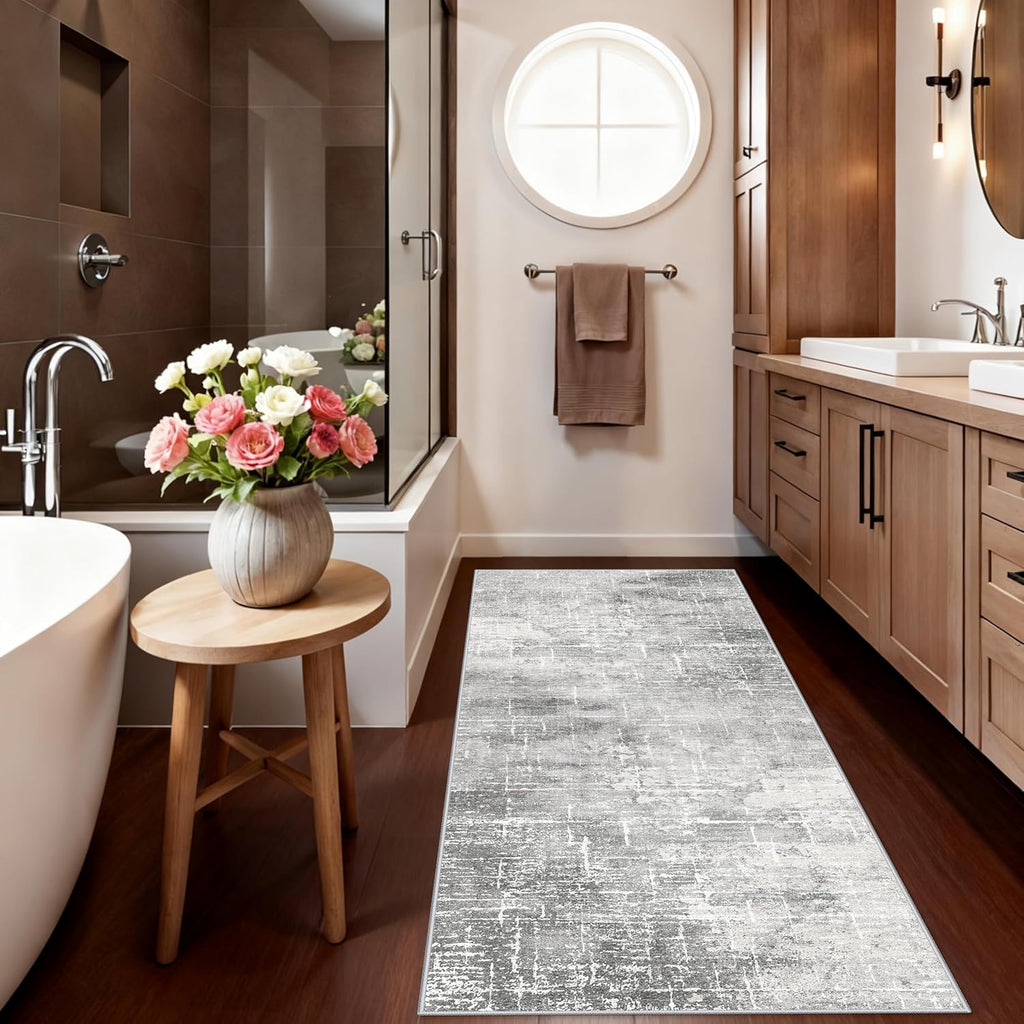 Skiennix Washable Abstract Kitchen Rug - Non-Slip Water-Resistant Runner for Dining & Entryway | 2x6 Light Grey