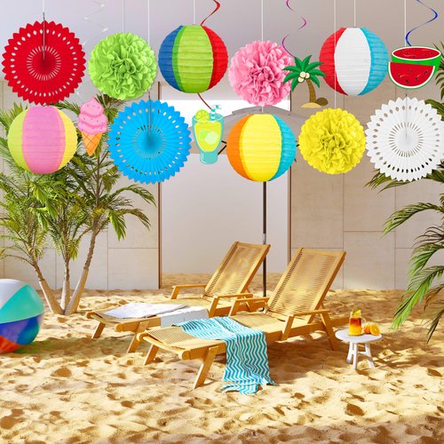 Renbuzhu 14Pcs Beach Party Decorations Paper Lanterns Fans Pom Poms Hanging Swirls - Luau Pool Summer Hawaiian Tropical Themed Decor for Home Birthday Outdoor Indoor