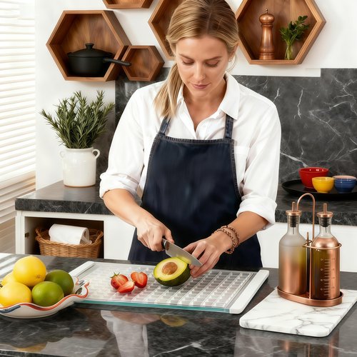 Luxury Artisan Mosaic Glass Cutting Board with Juice Groove - Tempered Glass checkered cutting board & Serving Tray, Dishwasher Safe, 16.2" x 12" x 0.24"