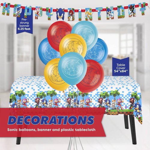 Sonic Birthday Party Decorations | Serves 16 Guests | Balloons, Masks, Banner, Tablecloth, Plates, Napkins, Candles, Sticker | Officially Licensed
