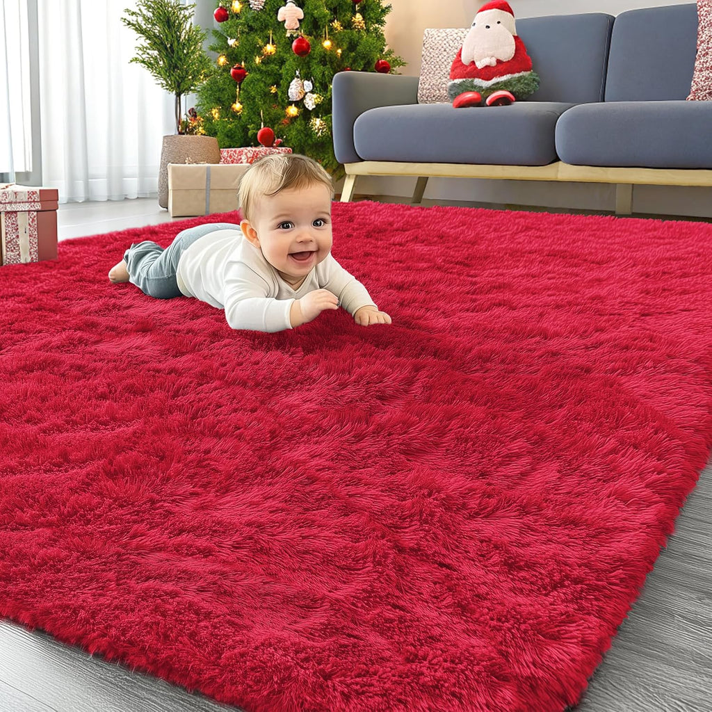 OLANLY Area Rugs - Soft Fluffy Shaggy Carpet for Living Room & Bedroom | Machine Washable 4x5.9 ft, Red