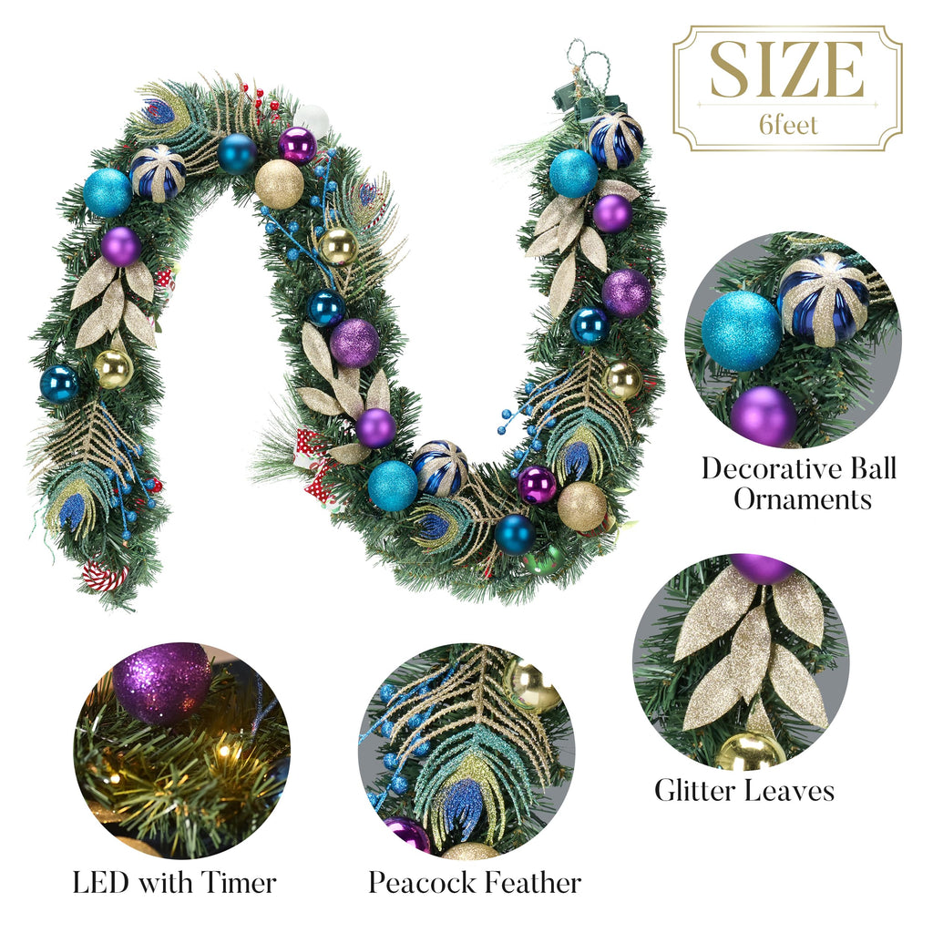 Valery Madelyn 6 Feet Pre-Lit Christmas Garland with Lights for Mantle, Lighted Outdoor Xmas Garland with Peacock Feather & Balls for Home Stairs Fireplace Table Centerpiece Indoor Holiday Party Decor