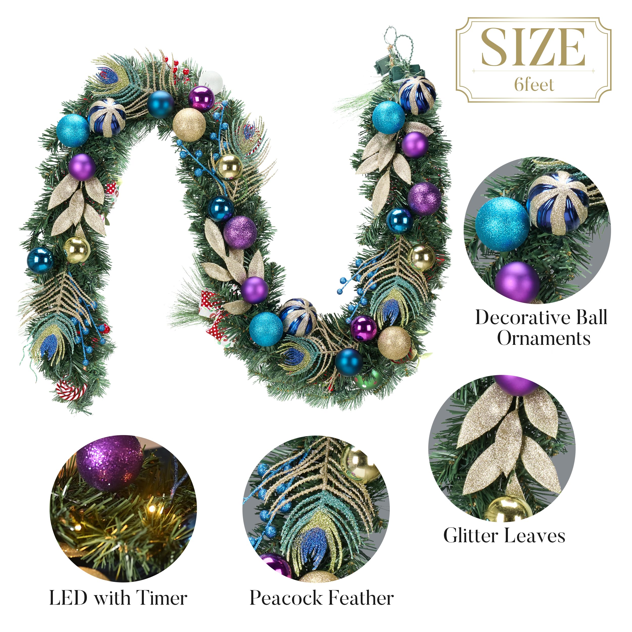 Valery Madelyn 6 Feet Pre-Lit Christmas Garland with Lights for Mantle, Lighted Outdoor Xmas Garland with Peacock Feather & Balls for Home Stairs Fireplace Table Centerpiece Indoor Holiday Party Decor