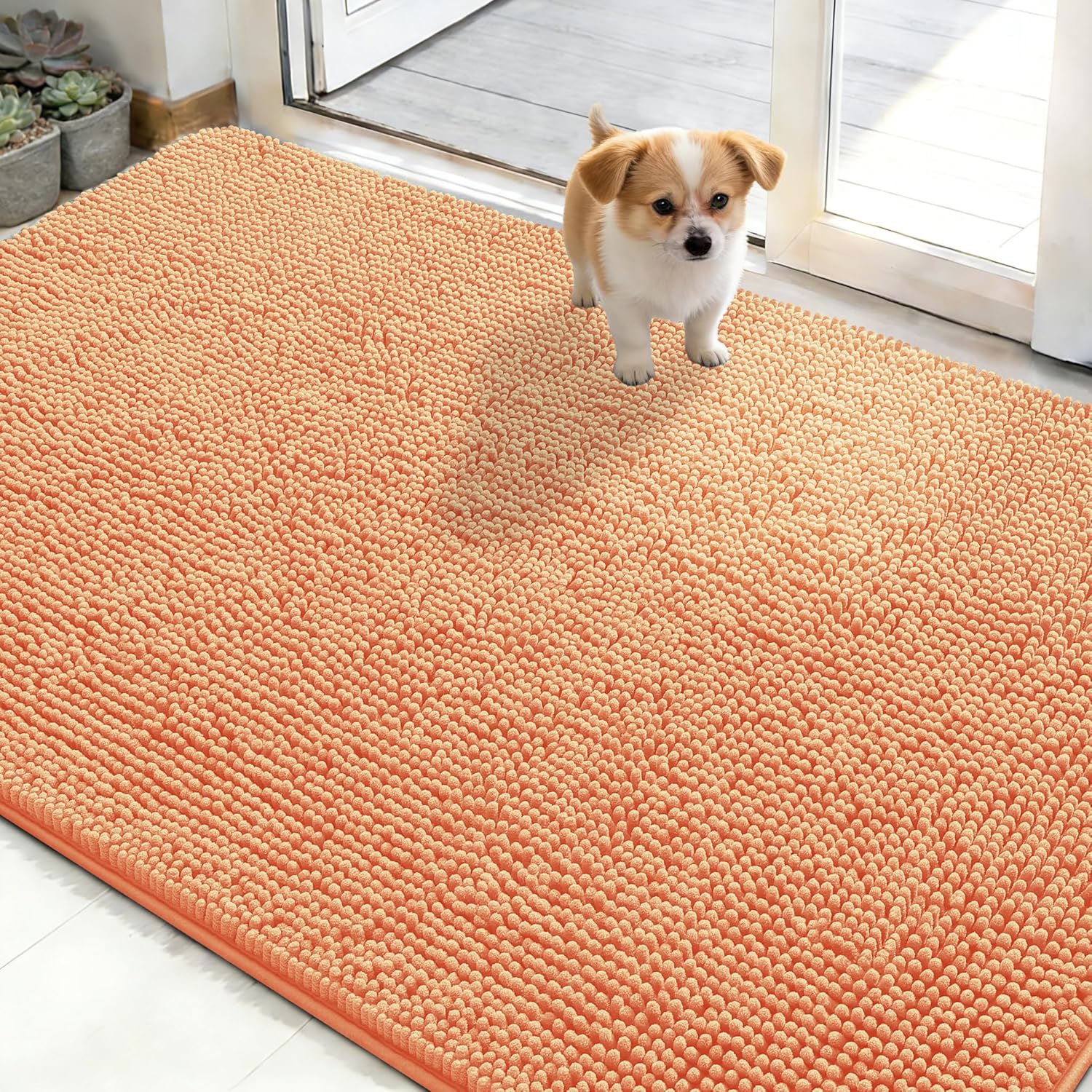 OLANLY Dog Door Mat - Absorbent Non-Slip Chenille for Muddy Paws | 50x30 Inches, Quick Dry, Orange