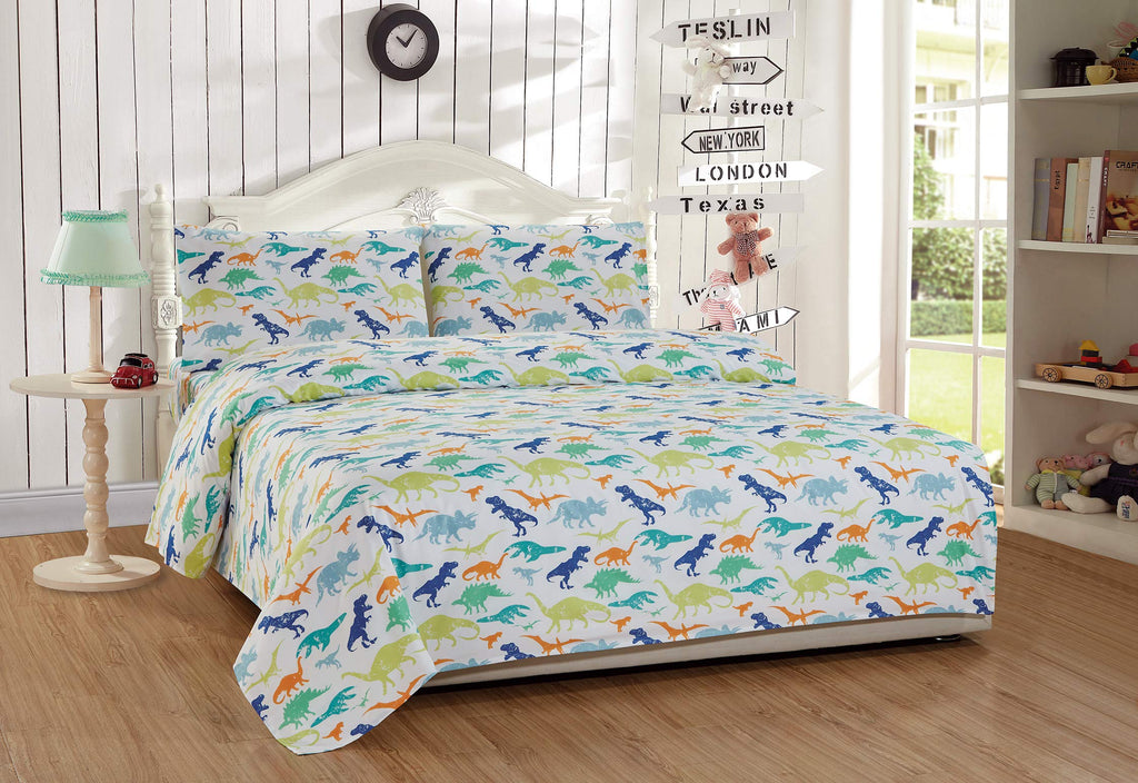 Mk Home 4pc Queen Size Sheet Set for Boys Dinosaurs Green Blue Orange White New