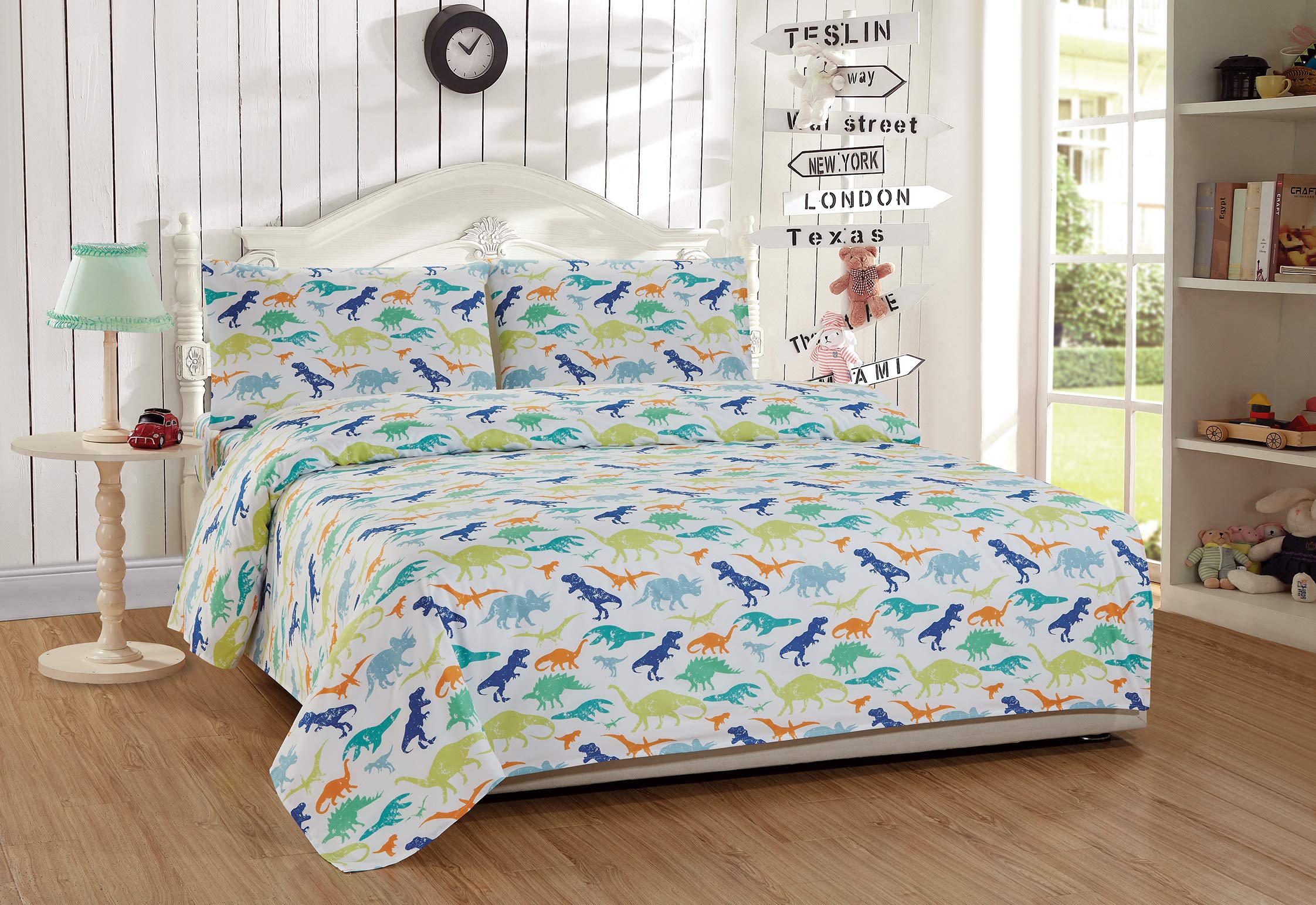 Mk Home 4pc Queen Size Sheet Set for Boys Dinosaurs Green Blue Orange White New