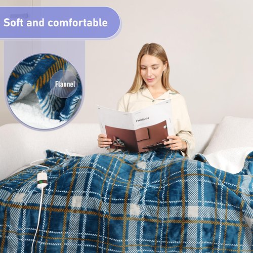 Electric Blanket Heated Throw, Soft Flannel 50"x60" Plaid Heating Blanket with 8 Hours Auto Off 10 Fast Heating Levels Machine Washable Sherpa Heated Blanket with Overheating Protection